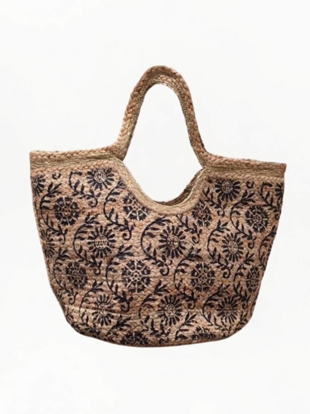 Olivia Miller Olga Woven Floral Jute Tote Bag in Natural Brown Blue